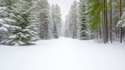 Naklejka premium Snow-covered pine trees line a path through a winter forest. The scene is tranquil and serene. The image is high-resolution with soft, natural lighting. A minimalist style emphasizes the winter lan