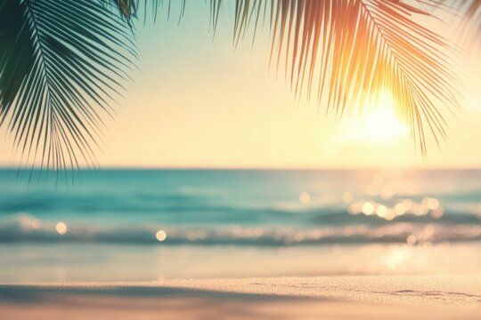 Serene tropical beach sunset scene with palm fronds framing the ocean.