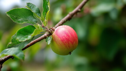 Obraz premium A close up of a ripe red apple hanging from a tree branch reveals its smooth, glossy skin and vibrant colour, ready to be harvest