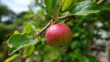 A close up of a ripe red apple hanging from a tree branch reveals its smooth, glossy skin and vibrant colour, ready to be harvest