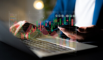 A Businessman analyzing forex trading graph financial data. Stock Market diagram chart Investments...