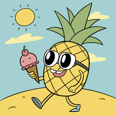Pineapple Wearing Sunglasses Holding Ice Cream – Fun Summer Fruit Cartoon Vector