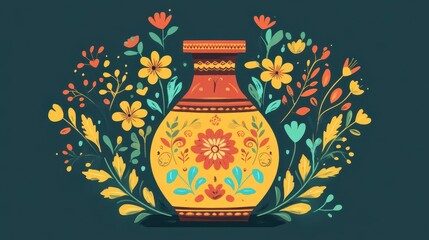 Colorful Floral Vase with Vibrant Flowers and Leaves