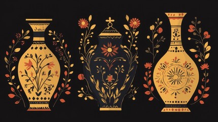 Decorative vases with floral designs in gold and black