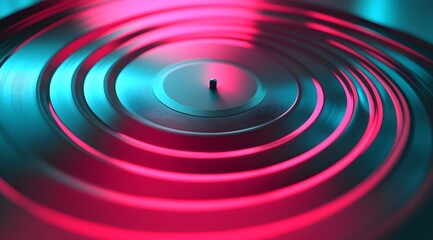 Close-up of vinyl record with neon pink and blue lighting