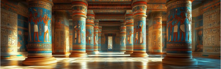 photorealistic interior of an Egyptian palace featuring intricate hieroglyphic murals
