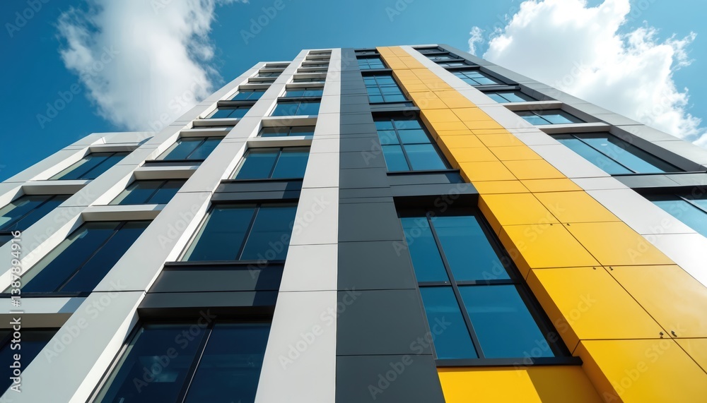 Poster low-angle view modern building facade. white black yellow panels with large windows reflecting sky. 