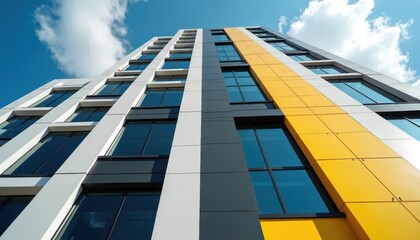 Low-angle view modern building facade. White black yellow panels with large windows reflecting sky. Contemporary skyscraper, urban city design, geometric architecture, commercial exterior. Diagonal