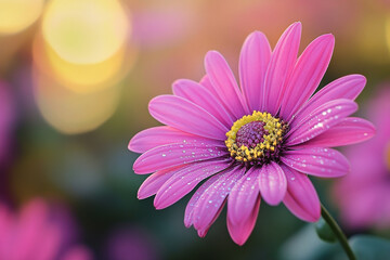 Fototapeta premium Close-up of Pretty Pink Daisy with Water Droplets and Bokeh Background