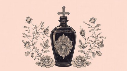 Vintage Bottle Design with Roses and Cross Motif