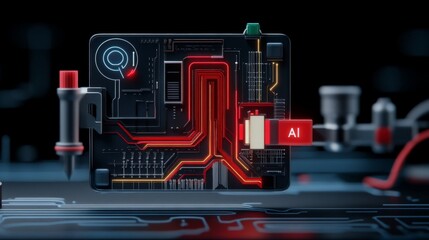 Abstract Circuit Board Design with AI Elements and Red Features