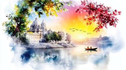 Ancient Varanasi City Architecture at Sunrise with Sadhu Baba Enjoying Boat Ride on River Ganges, India - Oil Painting Aesthetic Chaos