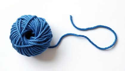 Soft blue woolen yarn ball isolated white background. Top view of yarn skein for handcraft, hobby, leisure. Thread texture clew for handmade clothing, sewing, craftwork.