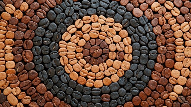 Coffee culture specialty trend concept. Textured circular arrangement of coffee beans in varying shades.