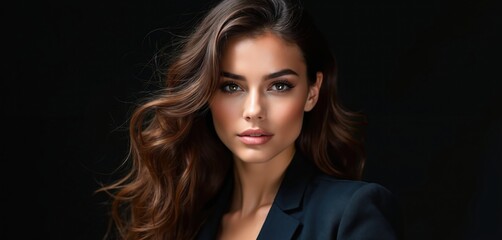 Portrait of beautiful young woman. Model wears designer clothes. Glamour portrait with long wavy hair. Pro make-up. Attractive female beauty. Perfect skin, facial features. Elegant fashion. Black