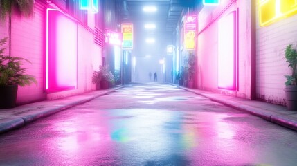 Fototapeta premium Neon-lit alleyway, rain-slicked pavement, vibrant colors, urban scene