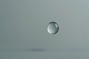Minimalist photograph of a single water droplet suspended in midair against a soft gray background, capturing purity and stillness.