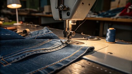 Fototapeta premium close up of sewing machine needle stitching denim