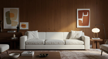 This welcoming living room features a plush white sofa adorned with soft pillows, complemented by wooden paneling and stylish artwork. The warm ambiance invites relaxation and comfort