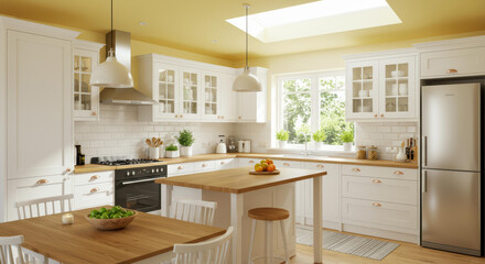 This beautiful kitchen showcases sleek white cabinetry paired with natural wood accents. Sunlight pours in through the skylight, creating a cozy ambiance