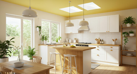 This kitchen features white cabinetry and light wood accents, illuminated by natural sunlight through skylights. Green plants enhance the warm and inviting atmosphere, perfect for family meals