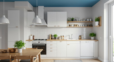 A contemporary kitchen features white cabinetry, a wooden countertop, and plants, creating a fresh and inviting atmosphere. The space includes a dining table surrounded by chairs