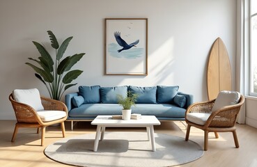 Modern living room interior with stylish decor. Cozy blue sofa, wicker armchairs, wooden table, surfboard, plant. Light filled space creates relaxing atmosphere. Home decor, apartment, vacation,