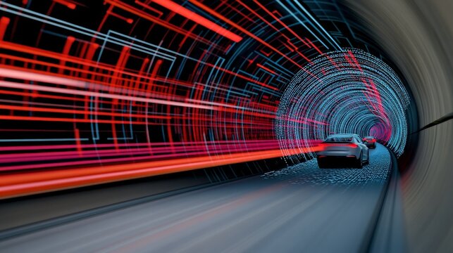 Futuristic Tunnel with Cars and Colorful Light Trails in Motion