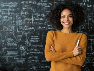 A woman writing on a blackboard. Generative AI