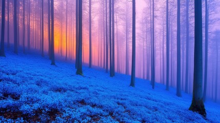 Naklejka premium Forest sunrise paints fog with color over blueberry field. Dreamy nature scene