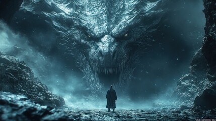 Obraz premium Solitary figure before icy mountain