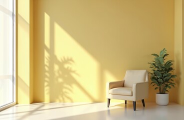 Fototapeta premium Modern room in monochrome light yellow color. Minimalist interior design with armchair, green plant. Bright living room, elegant home decor. Empty space for product advertisement display. Suitable