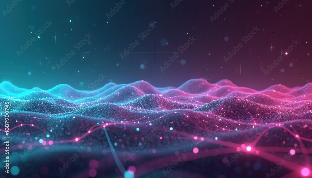 Fototapete abstract digital background features gradient transitioning deep purple to teal. holographic grid li