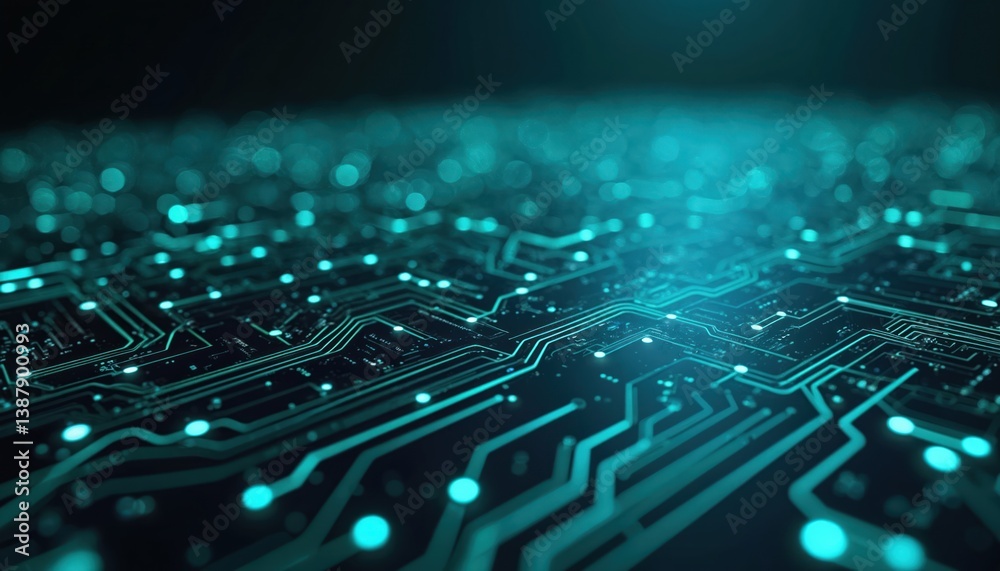 Poster Abstract digital tech background with circuit board design. Green lines, glowing dots, dark background. Futuristic illustration of information tech, data transfer, network, computer tech. Artificial