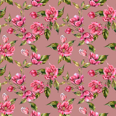 Watercolor seamless pattern apple tree branch with blooming pink flowers, green leaves, and buds. Hand painted botanical set for invitations, cards, spring designs, packaging, textile, wrapping paper