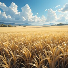 A wide landscape of a golden rice field swaying in the wind under a cloudy autumn sky.