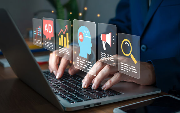 Business Analytics and Data Visualization with Laptop Keyboard, Glowing Digital Charts, Financial Graphs, Holographic Projections and Virtual Dashboards in Futuristic Technology