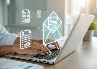 Email Document Transfer Concept on Laptop with Digital File Icons in Office Setting