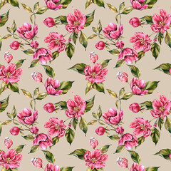 Watercolor seamless pattern apple tree branch with blooming pink flowers, green leaves, and buds. Hand painted botanical set for invitations, cards, spring designs, packaging, textile, wrapping paper