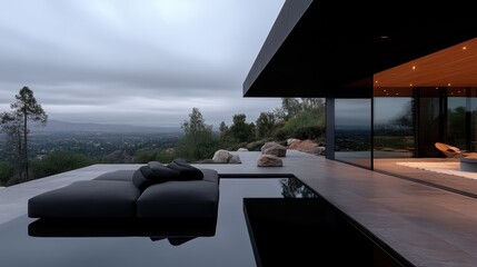 Fototapeta premium Modern, minimalist home exterior with a floating lounge and infinity pool overlooking a valley. Expansive glass walls and dark exterior create a sleek, contemporary aesthetic.