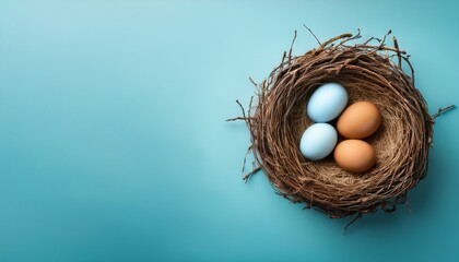 Bird Nest with Eggs on light blue Background