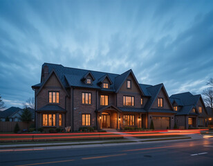 Dusk shot of a brick and wood mixed-material family home, lights glowing warmly inside, light trails of passing cars adding motion and mood.