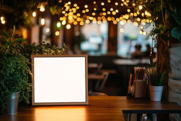 Blank mock up for menu board display screen, for restaurant cafe food business. Warm cozy atmosphere