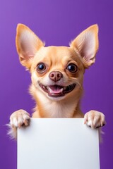 Pet in white space. Isolated dog on a solid apparel purple background. Blank board studio pic. &ETH;&iexcl;ute adult dog chihuahua hold in front paws a wireframe - large white drive sign. Puppy ad id.