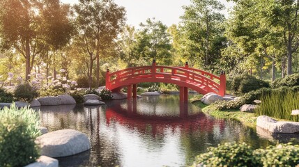 Tranquil Japanese Garden with Red Bridge Surrounded by Lush Nature
