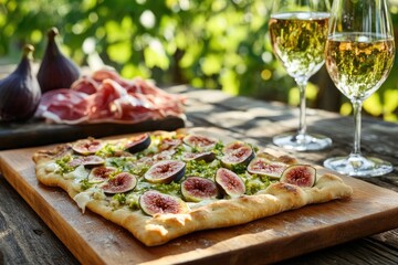 A flatbread with figs and prosciutto served with white wine on a wooden table outdoors in sunlight