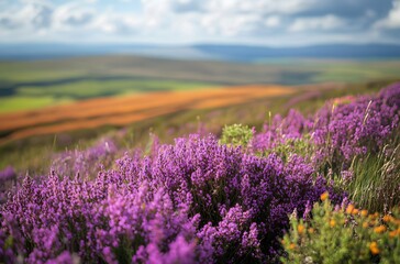 Obraz premium Blooming purple heather on rolling hills under a cloudy sky