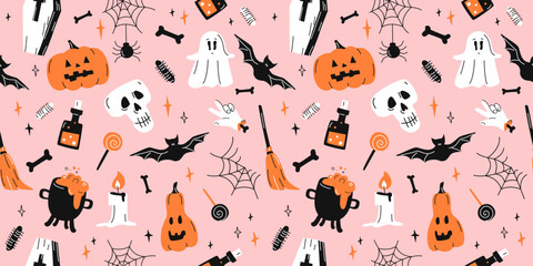 Halloween Pumpkin, zombie hand, web, bat, coffin, broom, ghost, skull, candy, witch potion. Spooky seamless Pattern. Kids print for backgrounds, packaging, clothing, cover, textile, fabric. Vector ill