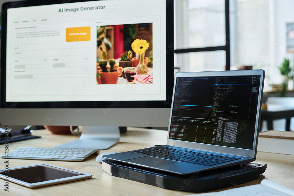 Poster Screen of laptop with coded data and tablet standing next to computer with image generator on desk in company office
