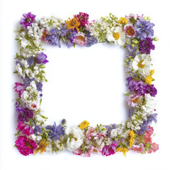 beautiful square frame made of colorful flowers on white background, evoking sense of freshness and nature